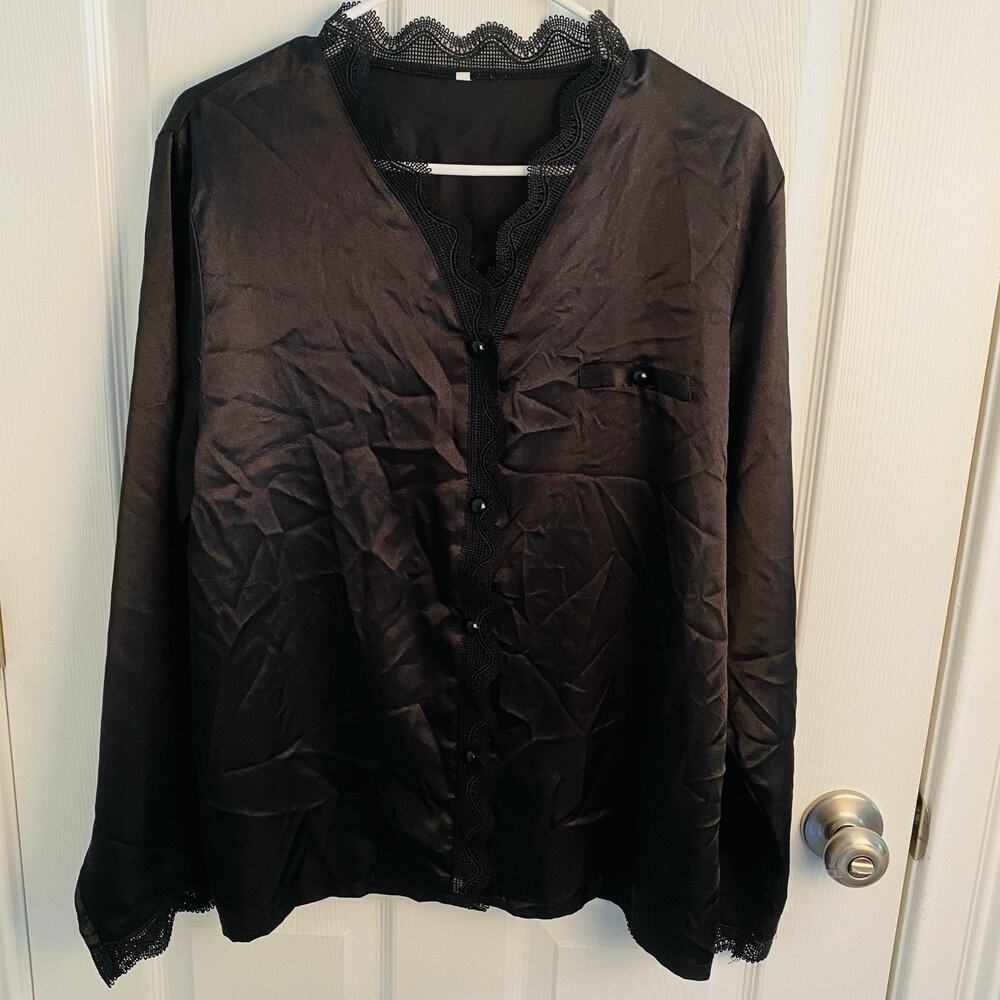 Black Satin Shirt Womens Xl Long Sleeve Button Up Down Lace Trim Goth Whimsigoth